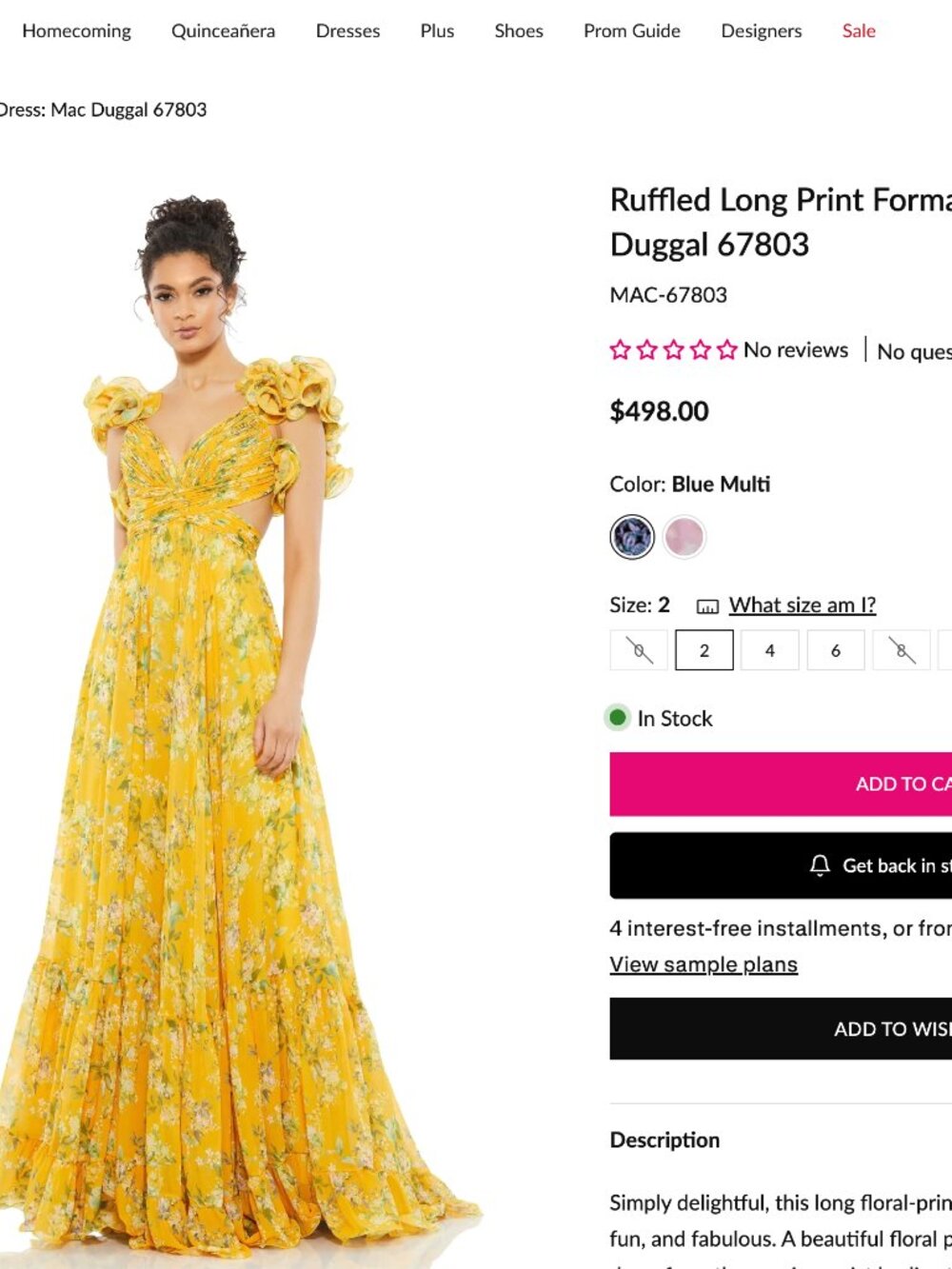 Mac Duggal Yellow Ruffle Tiered Floral Cut-Out Chiffon Dress Size 0 - Picture 6 of 7